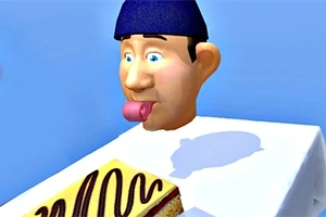 青い背景に帽子をかぶった男性の顔が、チョコレートで模様が描かれたケーキに向かって舌を出している。