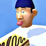 青い背景に帽子をかぶった男性の顔が、チョコレートで模様が描かれたケーキに向かって舌を出している。