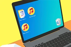 黄色の背景に黒いノートパソコンがあり、デスクトップにはドキュメントアイコン、音楽アイコン、およびゴミ箱アイコンが表示されています。