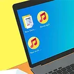 黄色の背景に黒いノートパソコンがあり、デスクトップにはドキュメントアイコン、音楽アイコン、およびゴミ箱アイコンが表示されています。