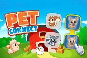 青空の下、動物のイラストと赤い納屋が背景に描かれた、可愛らしいペットのゲーム画面。