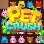カラフルな動物の顔が並んでいる背景に「PET CRUSH」と書かれたタイトルが中央に配置された画像。