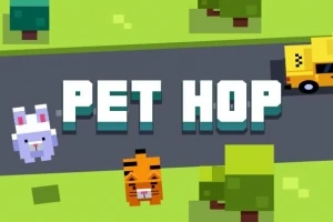 緑の背景に道路があり、「PET HOP」という文字、タクシー、ウサギとトラのキャラクターが描かれている。