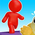 赤いキャラクターが黄色いニワトリを追いかけている様子。