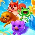 空を背景に、カラフルで楽しそうな動物たちが笑顔で集まっているイラスト。