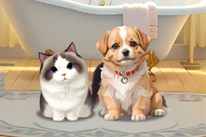 浴室でカーペットの上に座っている猫と子犬。