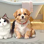 浴室でカーペットの上に座っている猫と子犬。