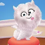 白いふわふわの犬が赤いクッションの上でポーズを取っている室内のアニメーションシーン。