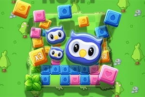 緑の背景にカラフルなブロックと青いフクロウのキャラクターが描かれているイラスト。