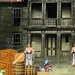 古い屋敷の前に、筋肉質のキャラクター、木箱や樽、アンティークの車が配置されているシーン。
