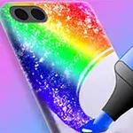 カラフルなグラデーションで装飾されたスマホケースと青いペン。