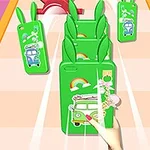 緑色のウサギ耳付きスマホケースを手でつかむ様子。