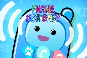 青い背景に楽しそうな顔をした青い電話のイラストと、カラフルなテキスト。