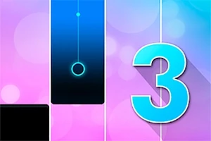 青い数字の3と黒いタイル、大きな円と光の線がピンクと青の背景に配置されています。