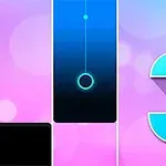 青い数字の3と黒いタイル、大きな円と光の線がピンクと青の背景に配置されています。