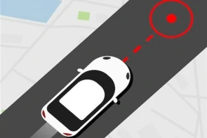 白い車が進路を走行し、赤いターゲットが前方に表示されている地図上のイラスト。