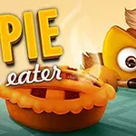 テーブルの上のパイとそれを見ているキャラクター。