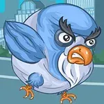青い鳥が怒っている表情で都市の背景に描かれているイラスト。
