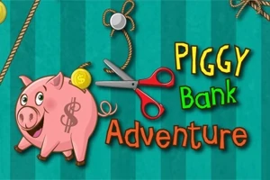 ピンクのブタの貯金箱と赤いハサミ、背景に「PIGGY BANK Adventure」という文字。