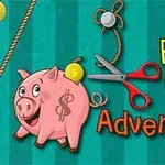 ピンクのブタの貯金箱と赤いハサミ、背景に「PIGGY BANK Adventure」という文字。