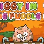 豚のキャラクターが風景の中にいるイラストとカラフルな文字。