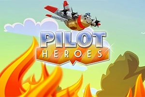 空を飛ぶプロペラ機と炎の背景に「PILOT HEROES」というテキスト。