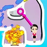 女性のキャラクターが紫色の迷路内で火事のそばに立っている。