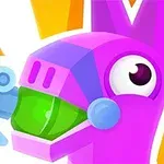 ピンク色の馬のキャラクターが大きな目と緑色の透明な口を持ち、背景にオレンジ色の放射状の光があるイラスト。