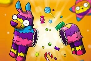 カラフルなピニャータが割れて中からキャンディーや星が飛び出しているイラスト。