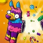 カラフルなピニャータが割れて中からキャンディーや星が飛び出しているイラスト。