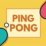 黄色の背景に「PING PONG」と書かれた中央の四角形の周りに、ピンクと青の卓球ラケットが配置されているイラスト。