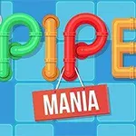 緑、赤、オレンジのパイプで「PIPE」と書かれ、下に「MANIA」と描かれた赤い標識がある青い背景の画像。