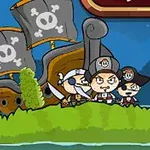 海賊の旗を立てた船と4人のキャラクターが草の茂った小島にいるイラスト。