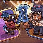 海賊風のキャラクターと狼の仮面をかぶった力強いキャラクターが描かれたイラスト。