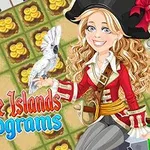 赤い海賊の服を着た女性がオウムを肩に乗せ、背景にパズルのグリッドが見える。