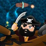 海賊の帽子をかぶったひげのキャラクターが、剣を振り上げて船に乗り、背景には海と他の船が描かれています。