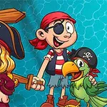 海賊の衣装を着た笑顔の少年と少女、オウムが描かれているイラスト。