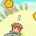 海賊の帽子をかぶったキャラクターが砂浜にいて、周りに3枚のコインが浮かんでいるイラスト。