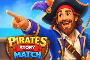 指を差す笑顔の海賊と「PIRATES STORY MATCH」のカラフルなロゴ