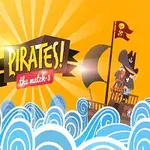 海賊旗を掲げた海賊船が波の上を進むイラストで、背景はオレンジ色の空。