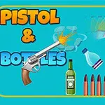 黄色と青の背景に複数のボトルと銃が描かれたカラフルなイラスト。