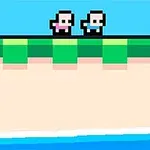 青空の下、2人の小さなピクセルキャラクターが緑のブロック上に立っている。