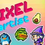 ピクセルアートスタイルのキャラクターや動物、アボカドが虹色の背景に配置され、中央に「PIXEL artist」と書かれている。