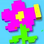 カラフルなピクセルスタイルの花が青い背景に描かれています。