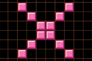 黒い格子状の背景に配置されたピンク色の四角いブロックが「X」の形を形成している。