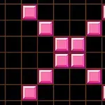 黒い格子状の背景に配置されたピンク色の四角いブロックが「X」の形を形成している。