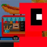 赤いキャラクターが露店の前にいるピクセルアートのイラスト。