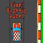 青と赤のチェッカーパターンの車が灰色の道路を走行しているピクセルアートスタイルの画像。