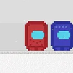 赤と青のピクセルキャラクターが雪の地面に立っているシンプルなイラスト。