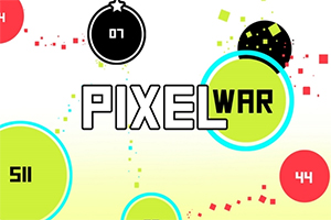 カラフルな円と四角形が散りばめられ、中央に「PIXEL WAR」というテキストが描かれた画像。